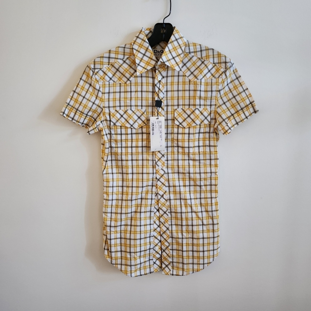 D&G Yellow and White Plaid Short Sleeve Button-Down Shirt
